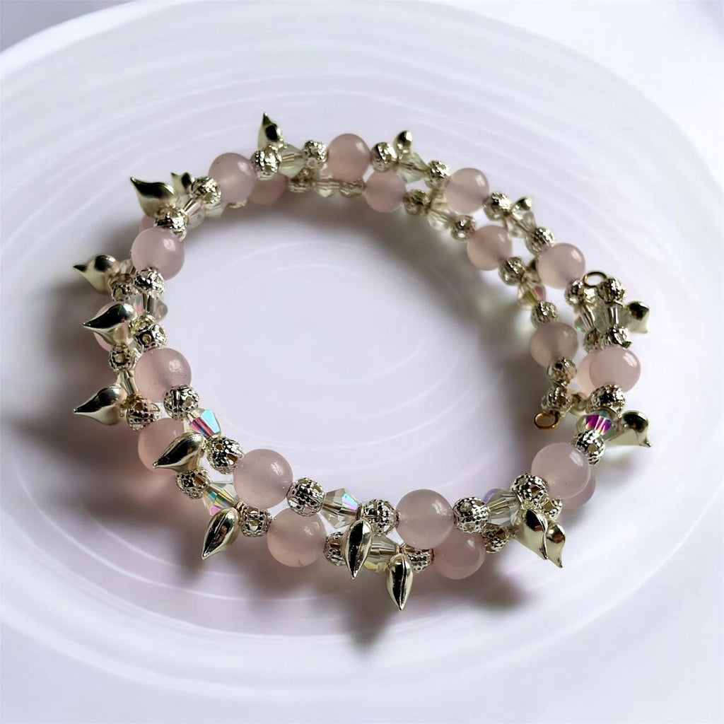 Rose Quartz “Chain Of Hearts” Memory Wire Bracelet - Connie’s Crystals 