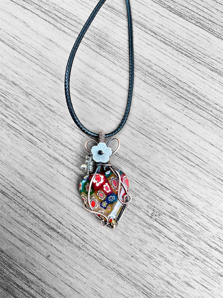 Millefiori Heart Pendant with Bee & Spinel Flower Accents