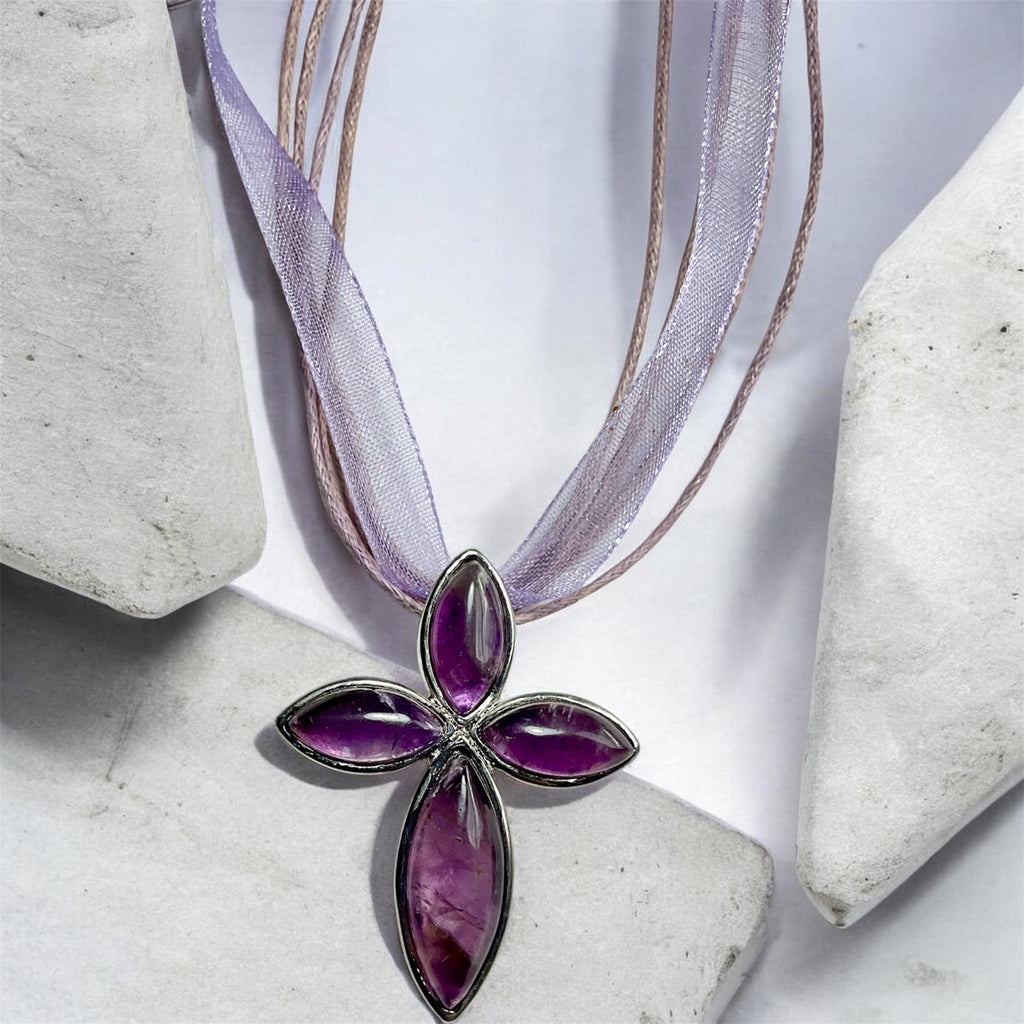 Amethyst & Blue Sandstone Gemstone Cross Pendants