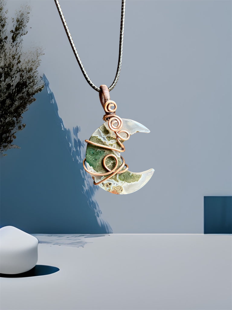 Moss Agate Crescent Moon Pendant – Copper Wire Wrapped - Connie’s Crystals 