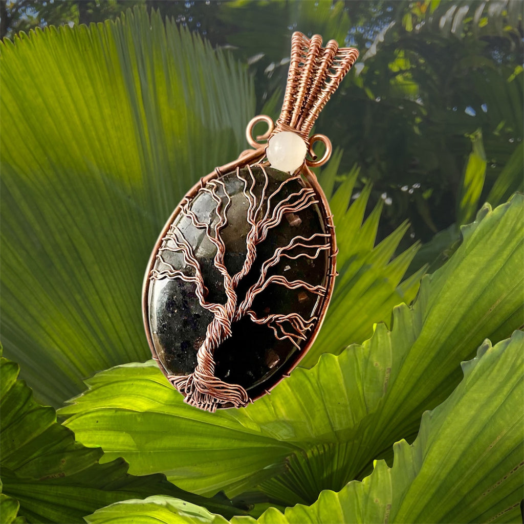 Nuummite Tree Of Life Pendant with Moonstone Accent