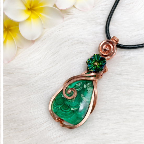 Malachite Copper Wire Wrapped Pendant with Green Flower Accent