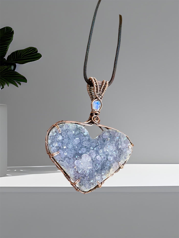 Amethyst Druzy Heart Pendant with Moonstone Accent - Connie’s Crystals 
