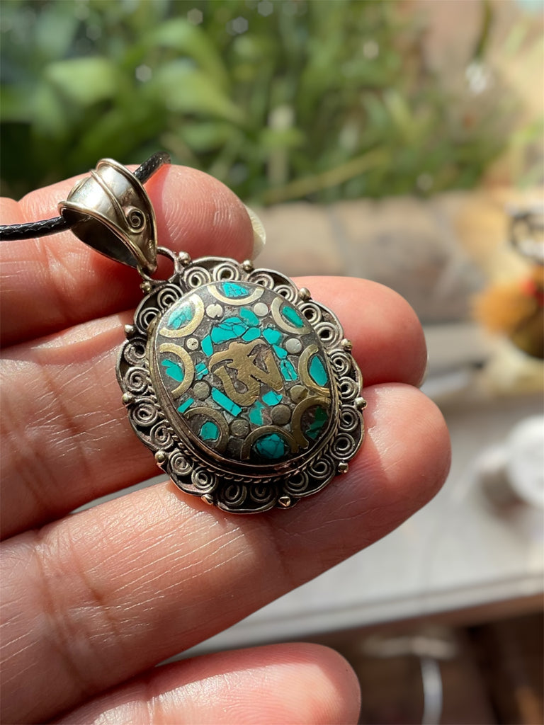 Tibetan Silver Om Pendant with Turquoise