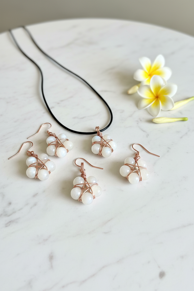 White Cat’s Eye Pentagram Pendant and Earrings - Connie’s Crystals 