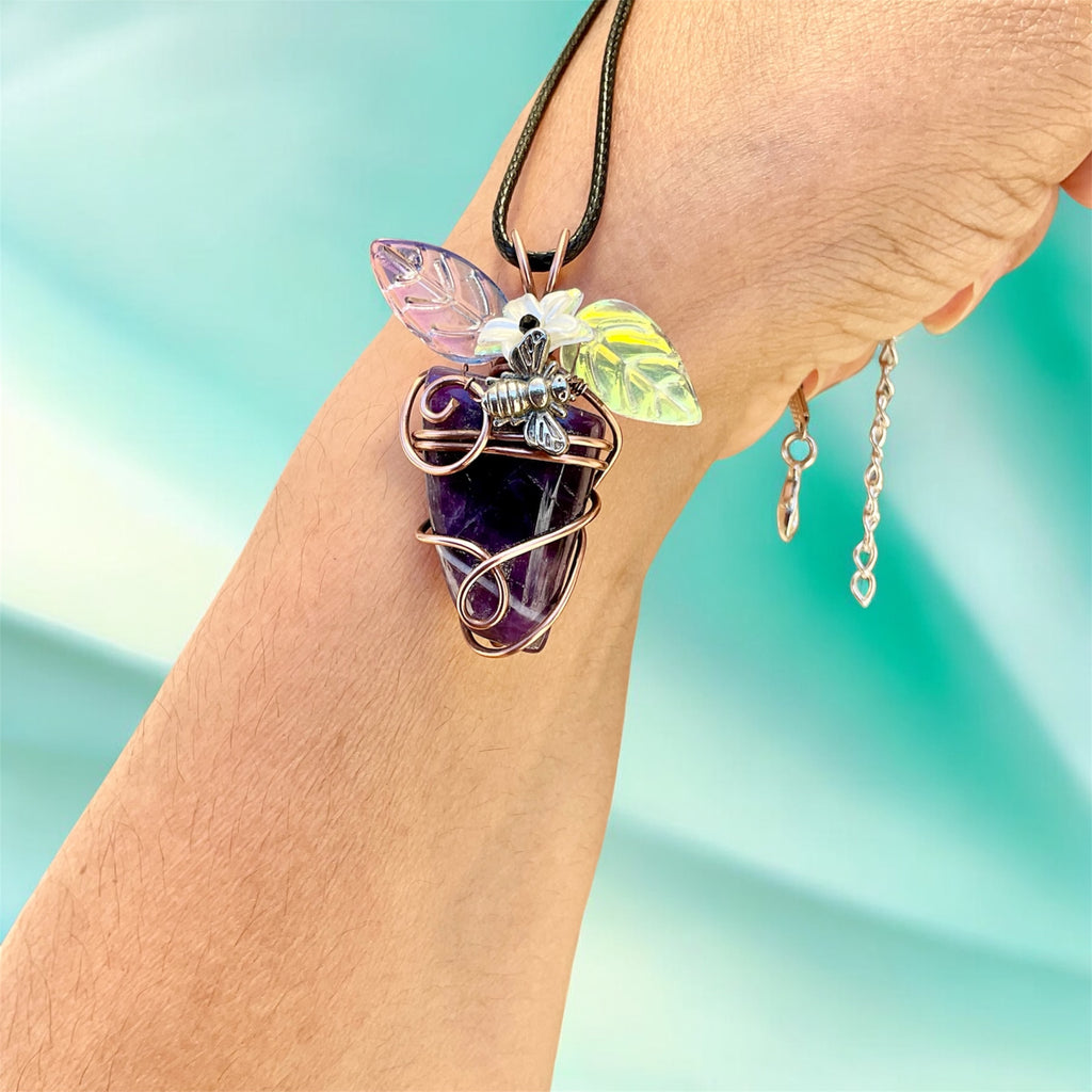 Chevron Amethyst “Bee & Bloom” Pendant — Black Spinel Flower Centre - Connie’s Crystals 