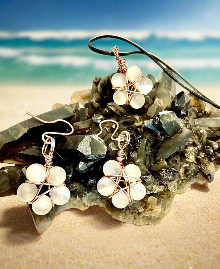 White Cat’s Eye Pentagram Pendant and Earrings