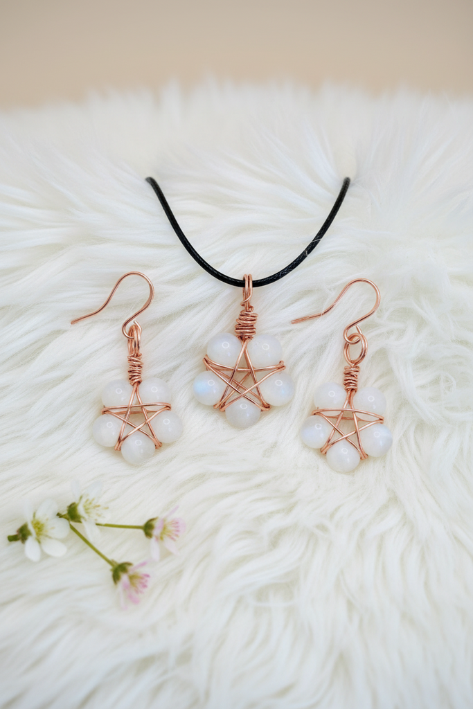 White Cat’s Eye Pentagram Pendant and Earrings - Connie’s Crystals 