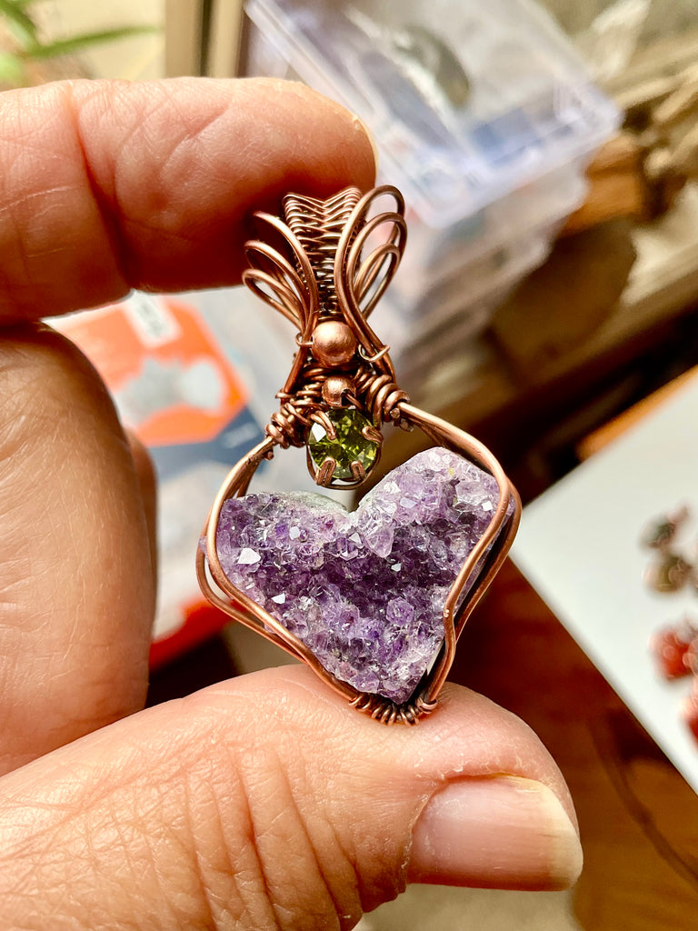 Amethyst Heart Geode Pendant with Peridot Accent