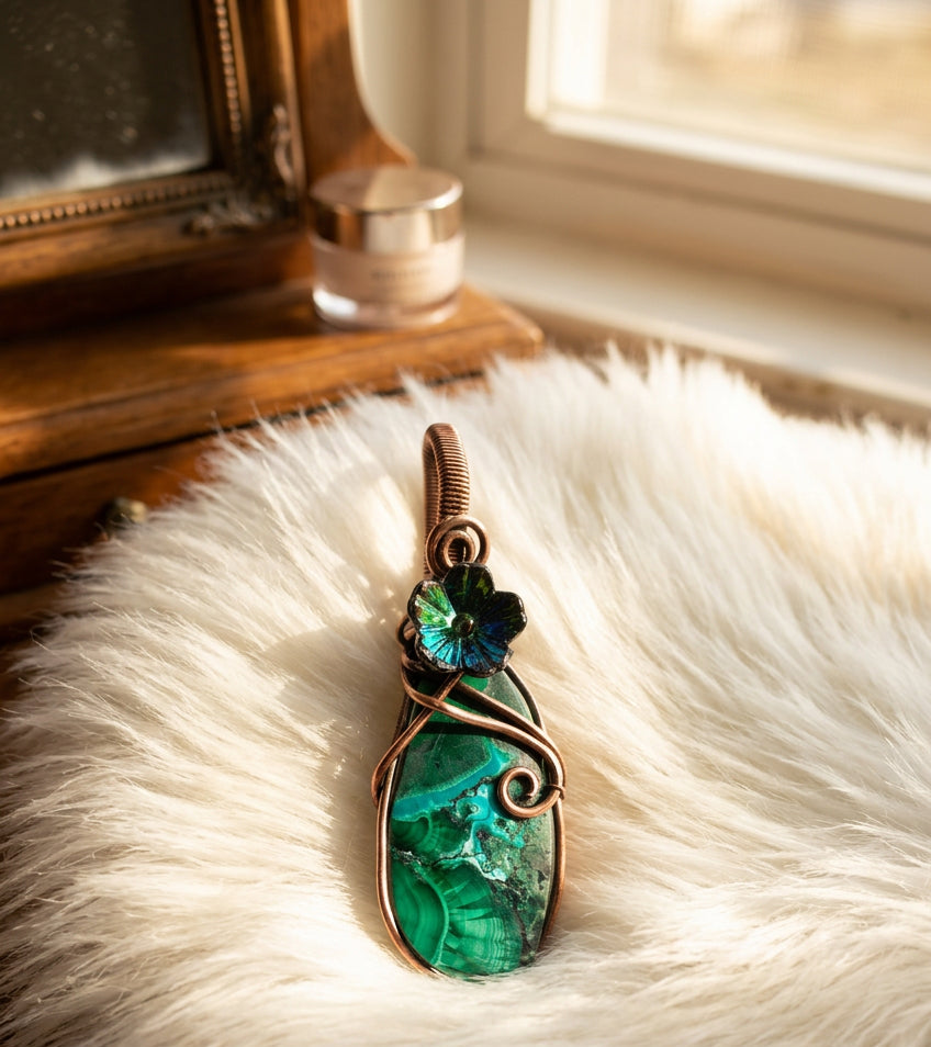 Chrysocolla in Malachite Flower Pendant - Connie’s Crystals 