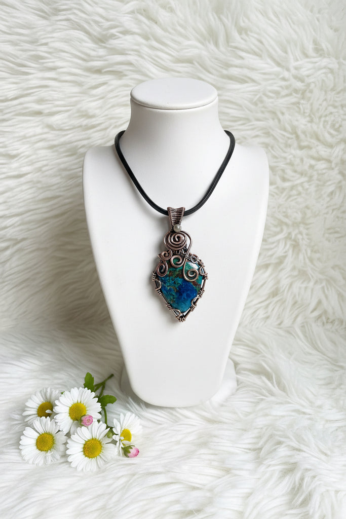 Azurite With Chrysocolla Copper Wire Wrapped Pendant