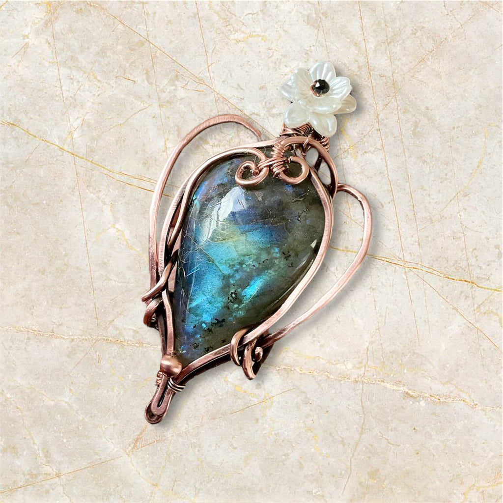 Labradorite with Flower and Black Spinel Bead Accent