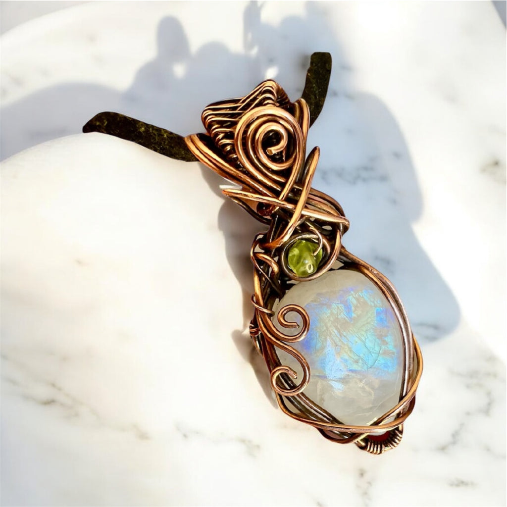 Rainbow Moonstone Wire Wrapped Pendant