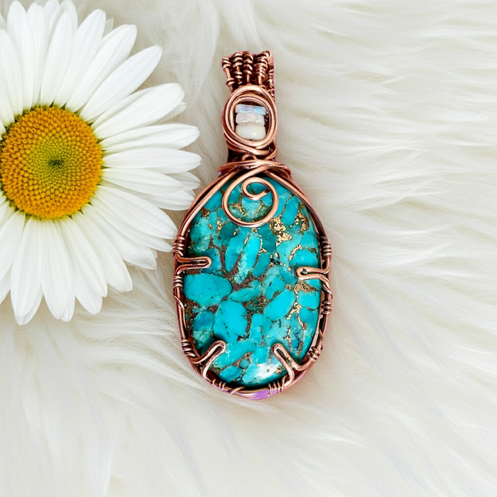 Handcrafted Nevada Turquoise & Opal Wire-Wrapped Pendant - Connie’s Crystals 