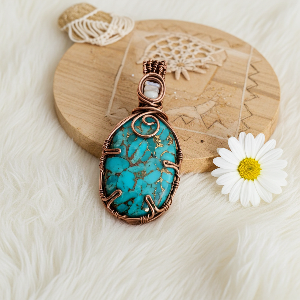 Handcrafted Nevada Turquoise & Opal Wire-Wrapped Pendant - Connie’s Crystals 
