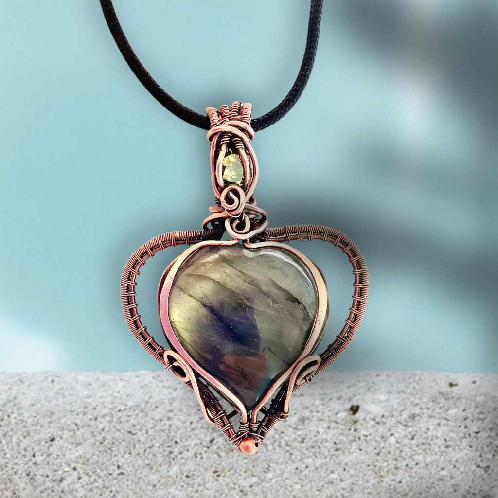 Labradorite Puffy Heart Wire Wrapped Pendant with Peridot Accent
