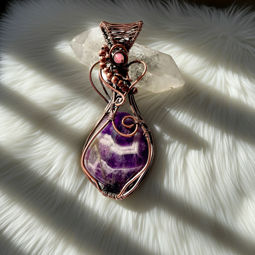 Chevron Amethyst Pendant with Pink Tourmaline - Connie’s Crystals 