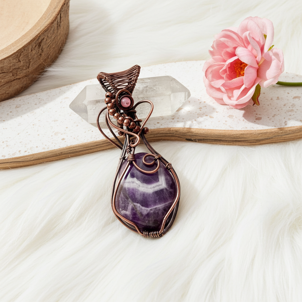Chevron Amethyst Pendant with Pink Tourmaline - Connie’s Crystals 