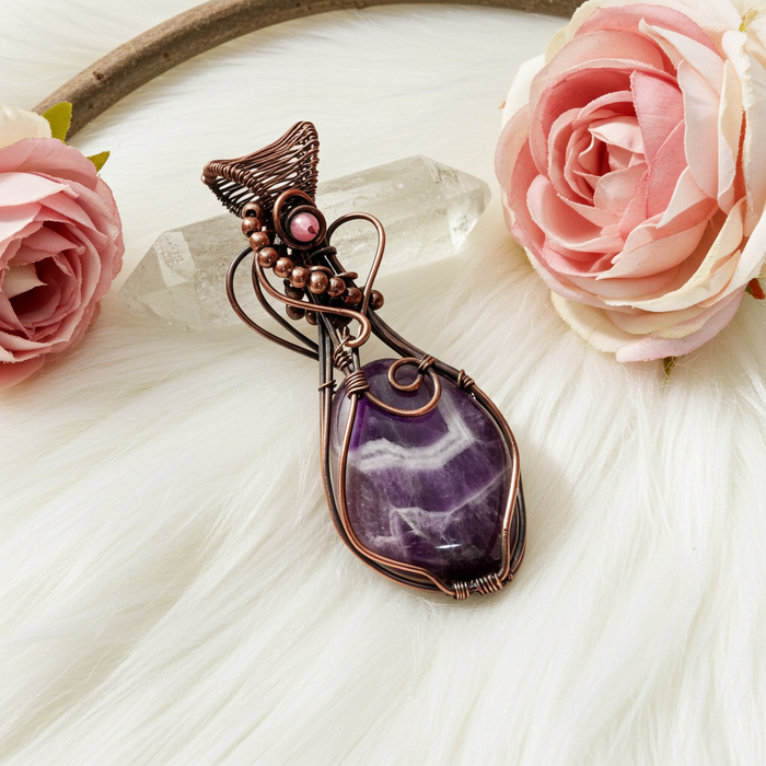 Chevron Amethyst Pendant with Pink Tourmaline - Connie’s Crystals 