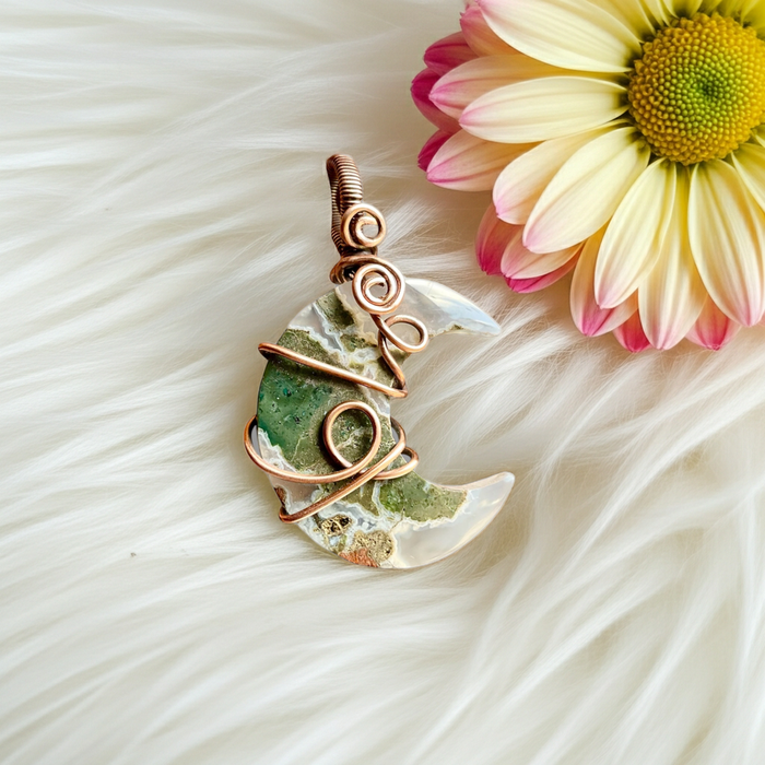 Moss Agate Crescent Moon Pendant – Copper Wire Wrapped