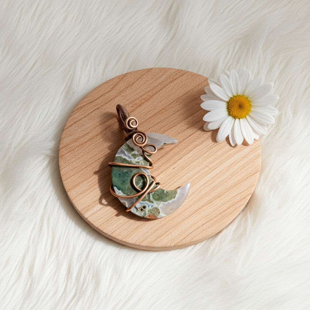 Moss Agate Crescent Moon Pendant – Copper Wire Wrapped