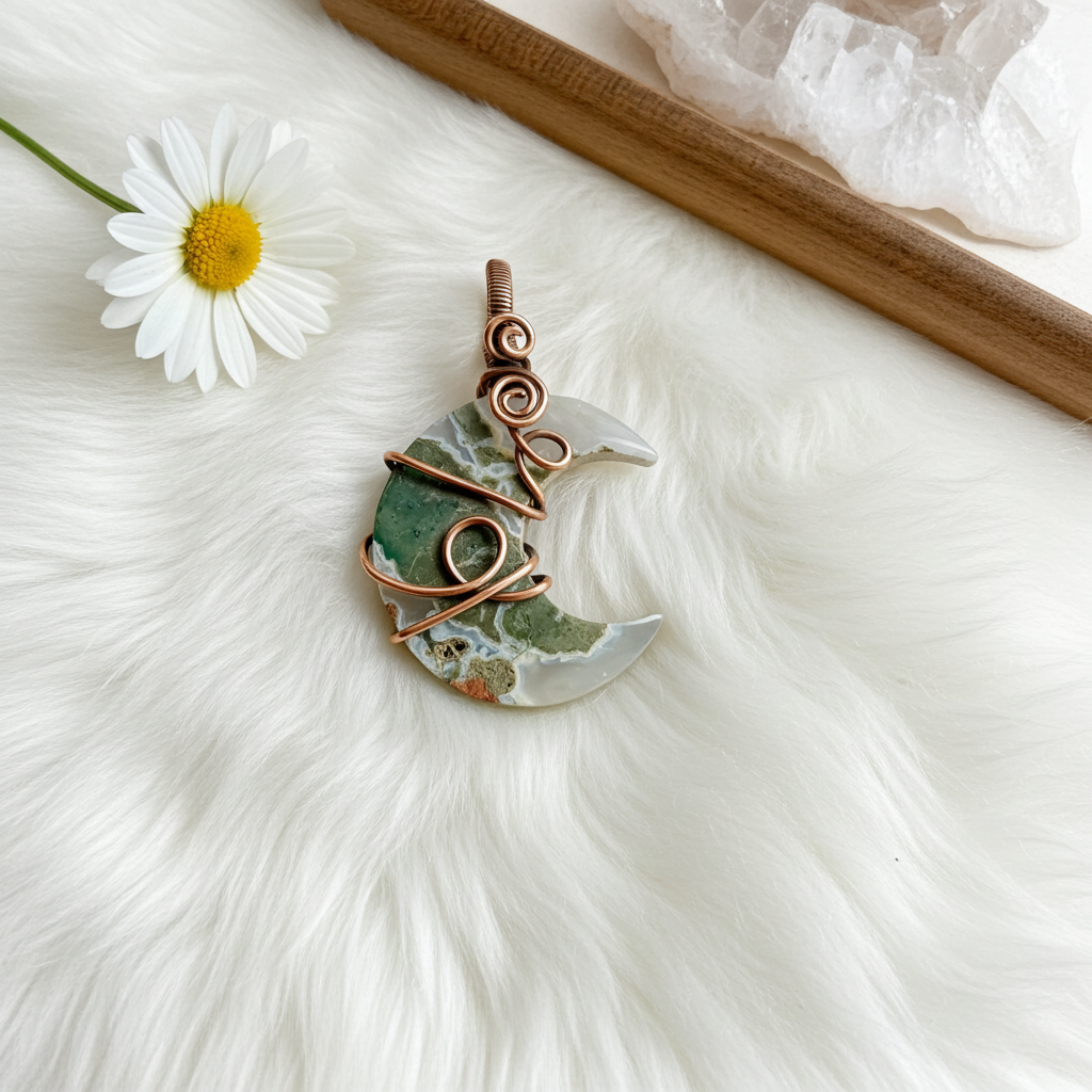 Moss Agate Crescent Moon Pendant – Copper Wire Wrapped