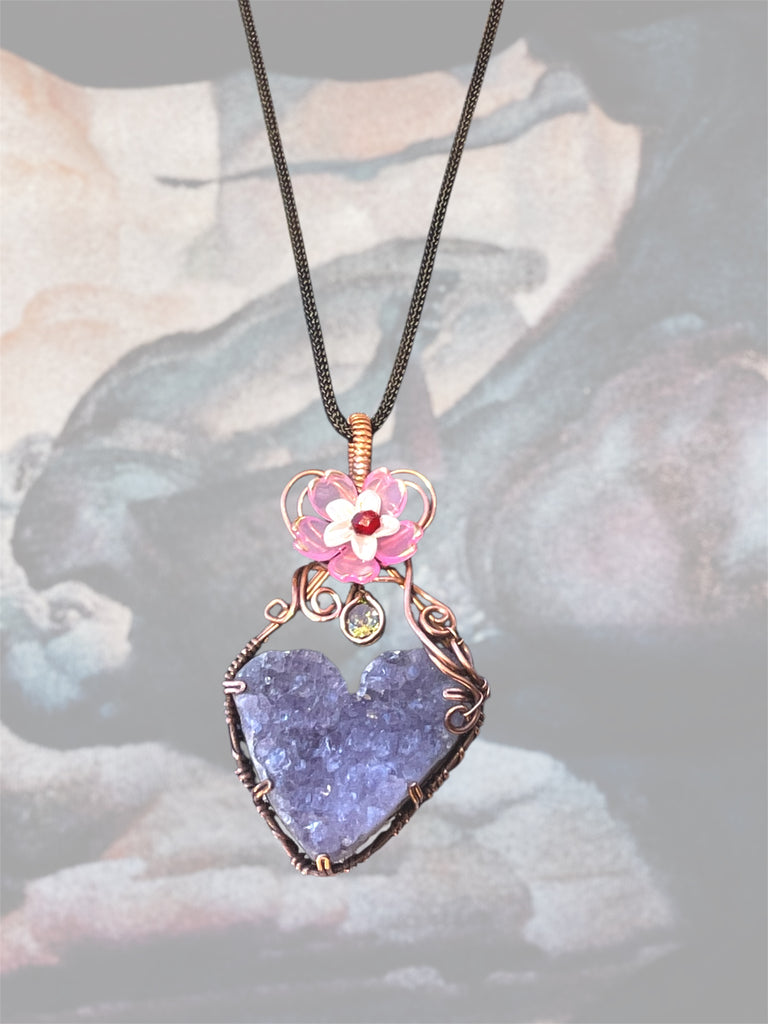 Amethyst Druzy Heart Pendant with Peridot & Flower Accent - Connie’s Crystals 