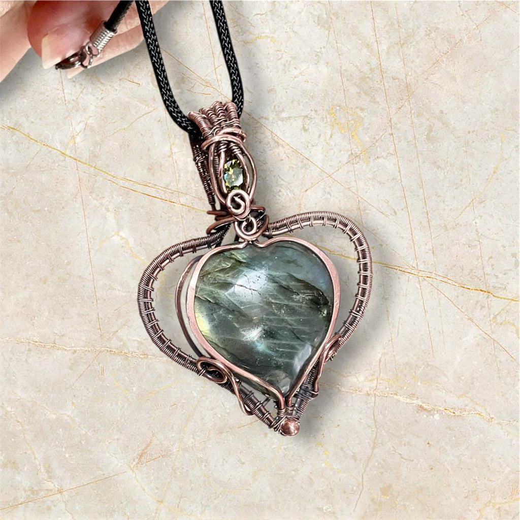 Labradorite Puffy Heart Wire Wrapped Pendant with Peridot Accent