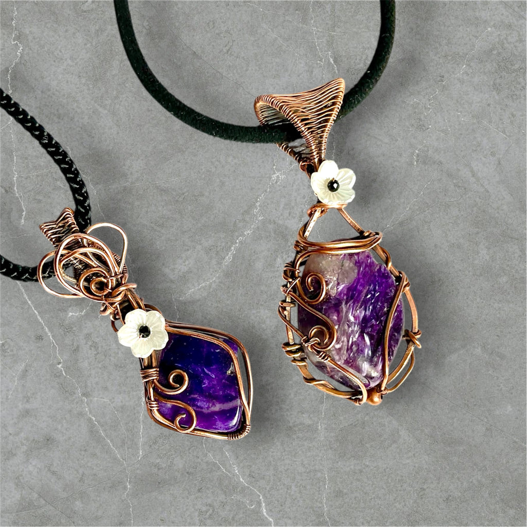 Charoite Wire Wrapped Pendant with Flower Accent