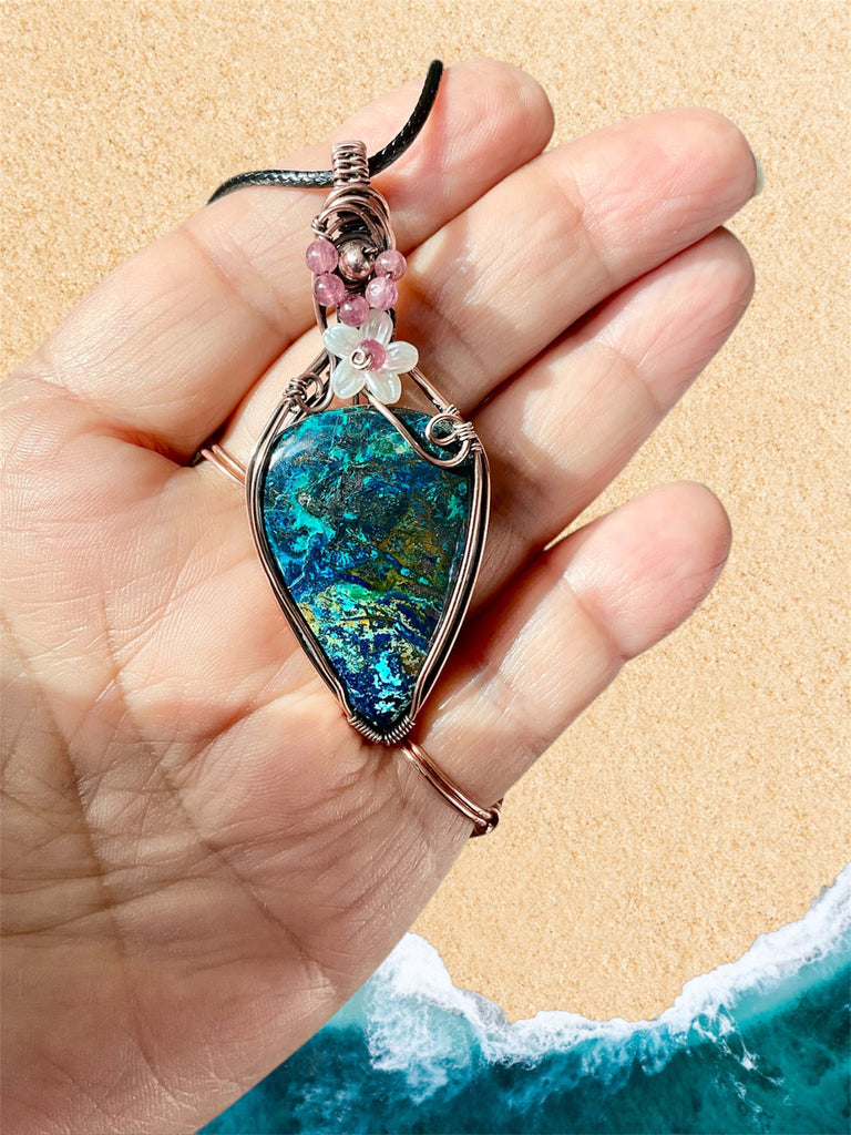 Azurite Pendant with Pink Tourmaline and Flower Accent