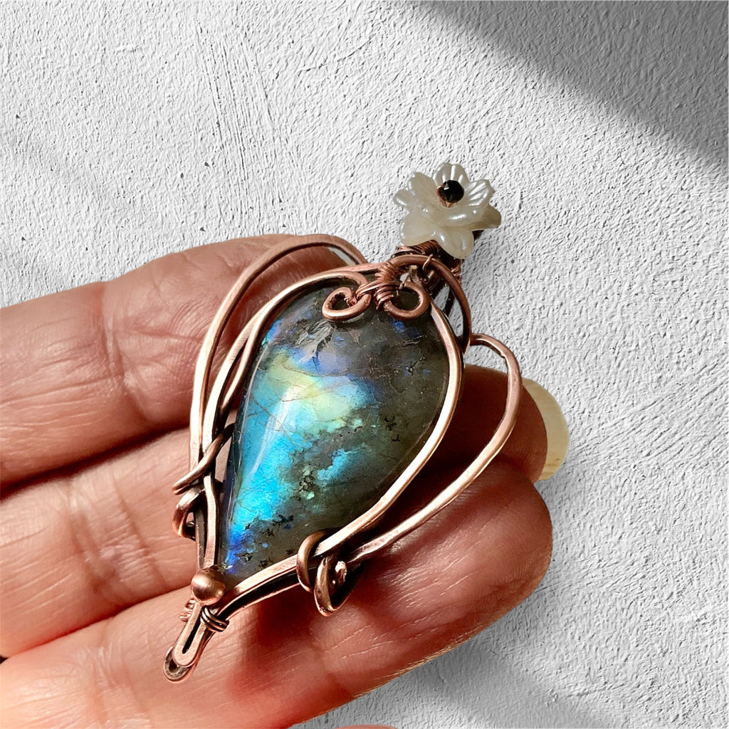 Labradorite with Flower and Black Spinel Bead Accent