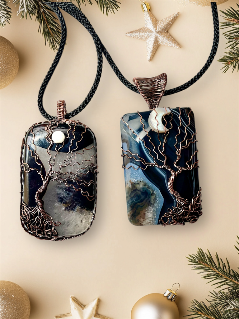Black Druzy Agate Tree of Life with Moonstone Accent