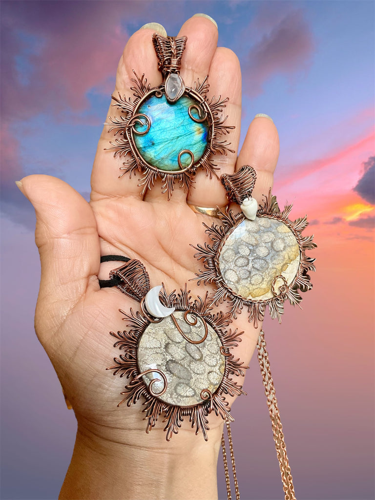 Coral Fossil Sun Pendant with Shell Accent