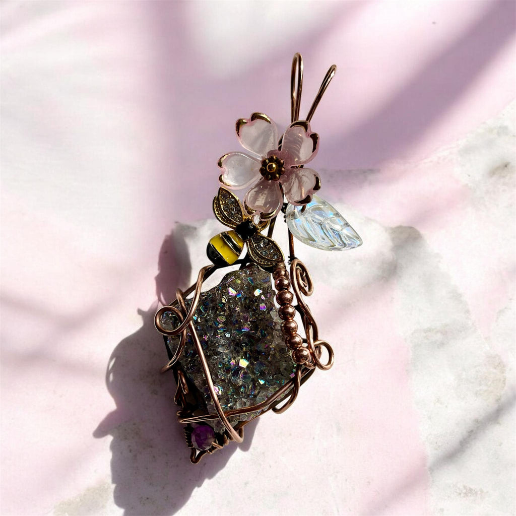 Amethyst Aura Quartz Bee & Blossom Wire Wrapped Pendant