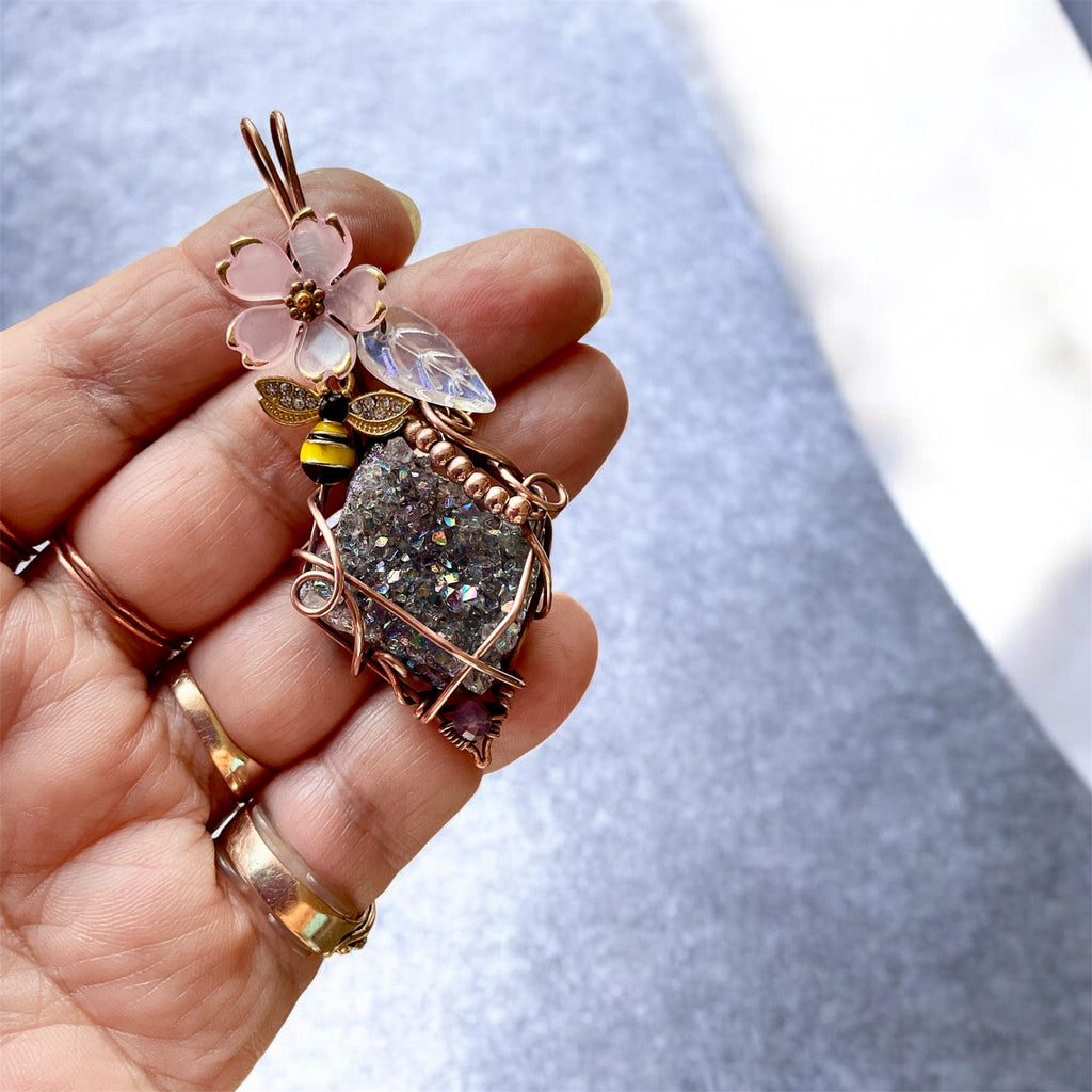 Amethyst Aura Quartz Bee & Blossom Wire Wrapped Pendant