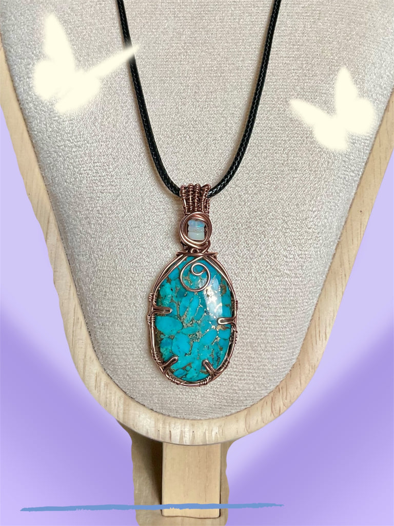 Handcrafted Nevada Turquoise & Opal Wire-Wrapped Pendant