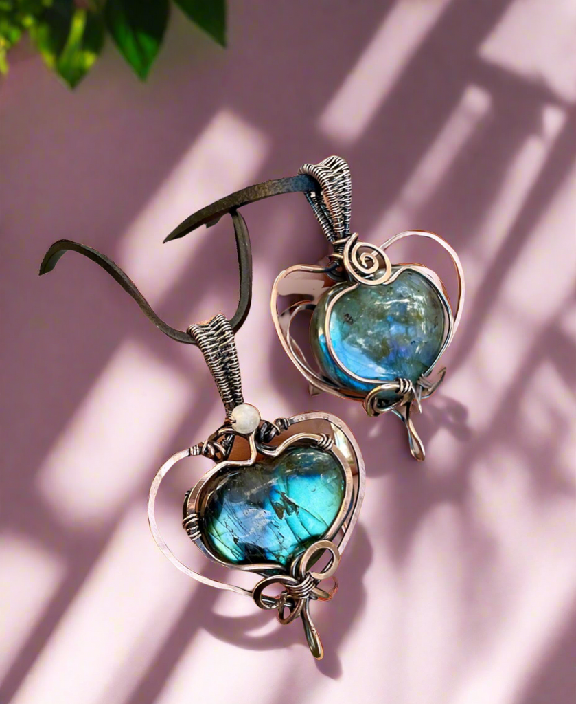 Labradorite Large Puffy Heart Wire Wrapped Pendants - Connie’s Crystals 