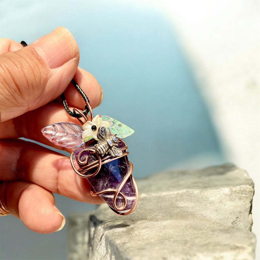 Chevron Amethyst “Bee & Bloom” Pendant — Black Spinel Flower Centre - Connie’s Crystals 