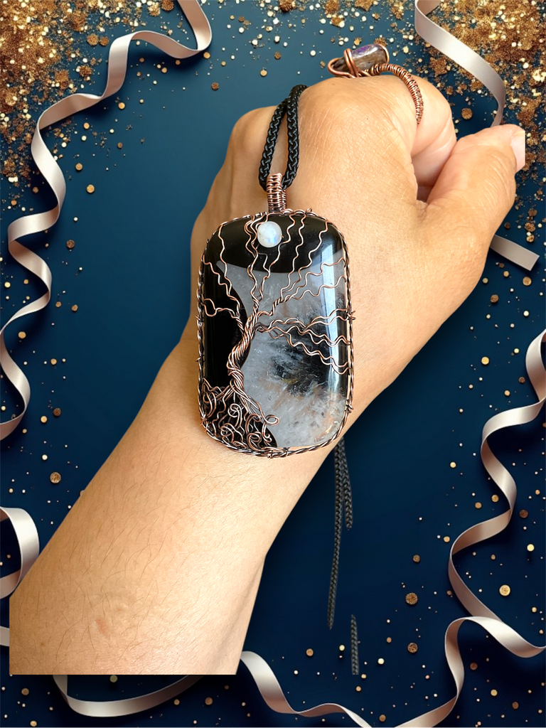 Black Druzy Agate Tree of Life with Moonstone Accent