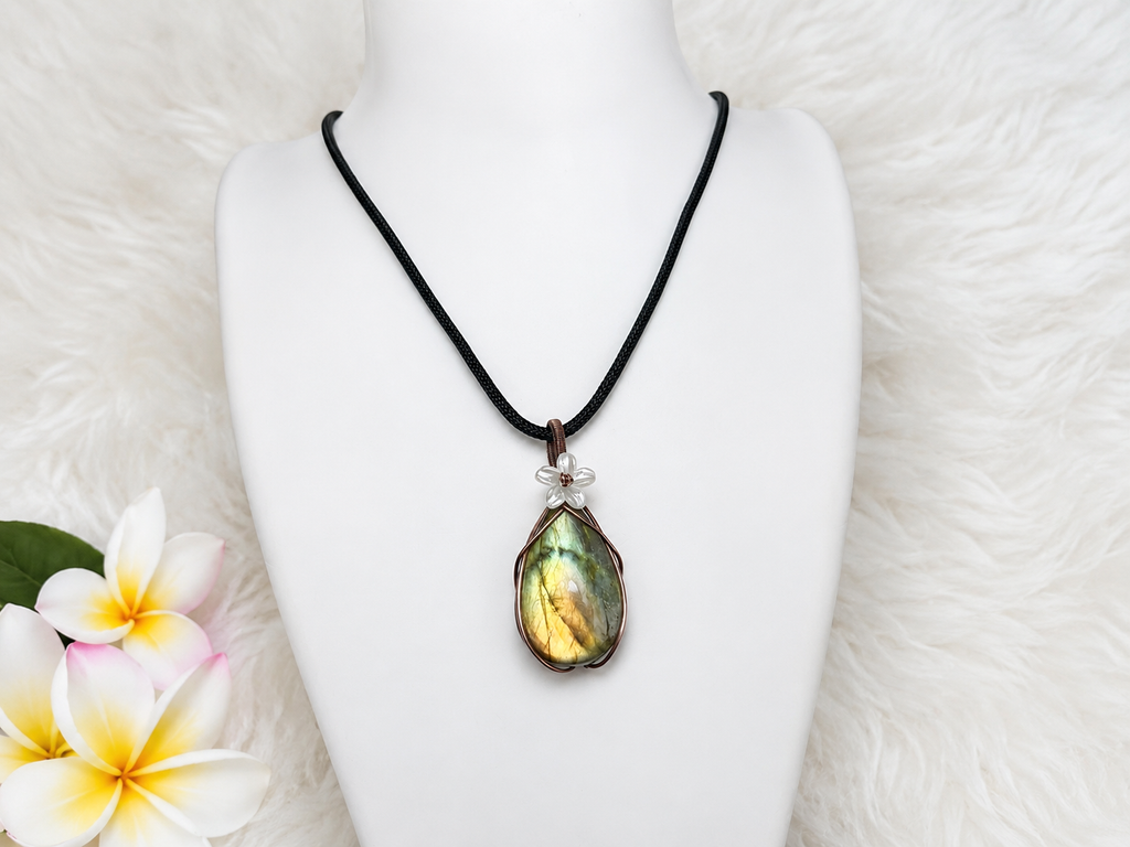Labradorite Copper Wire Wrapped Pendants with Flower Accent - Connie’s Crystals 