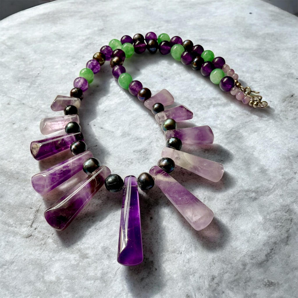 💜 Amethyst, Black Pearl & Aventurine Statement Necklace - Connie’s Crystals 