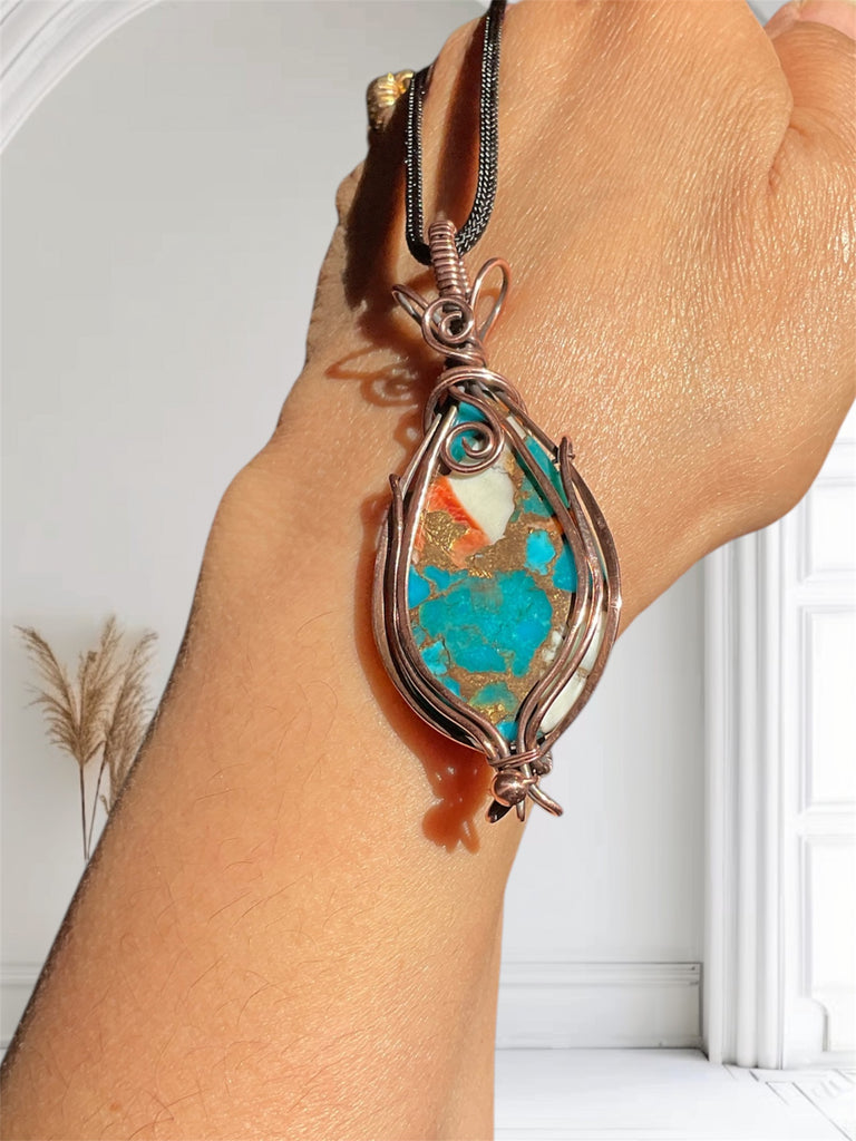 Spiny Oyster Turquoise Wire Wrapped Pendant