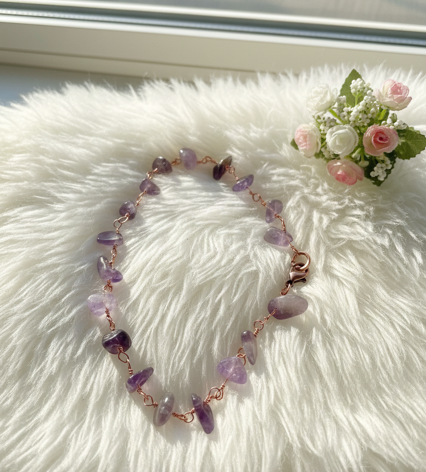Rose Quartz & Amethyst Copper Wire Wrapped Anklets