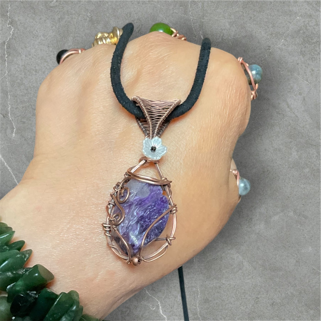 Charoite Wire Wrapped Pendant With Flower Accent