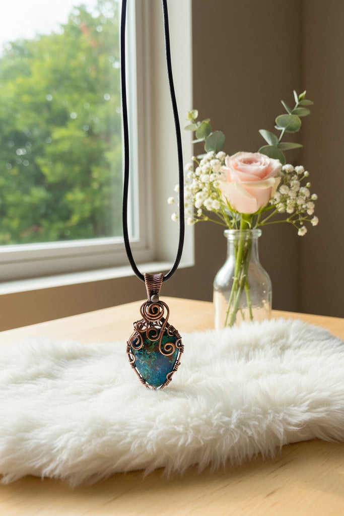 Azurite With Chrysocolla Copper Wire Wrapped Pendant