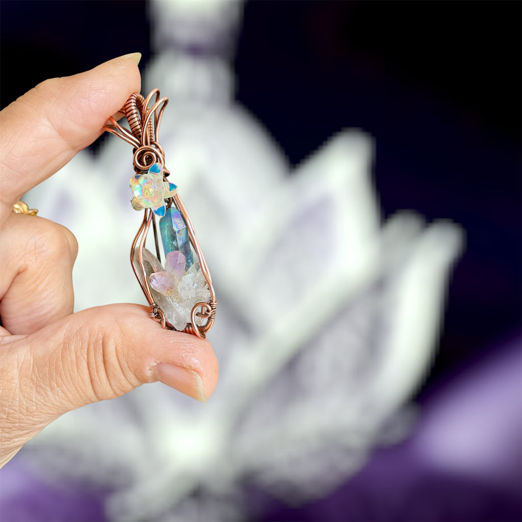 🔮 Wire Wrapped Triple Stone Pendant (Clear Quartz, Amethyst, Aqua Aura) - Connie’s Crystals 