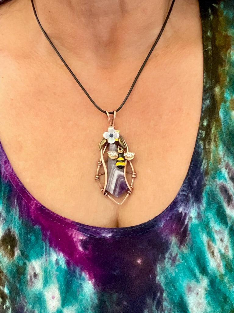 Chevron Amethyst “Bee & Bloom” Pendant-(Large) - Connie’s Crystals 