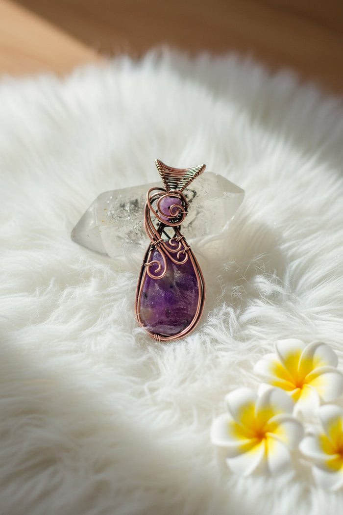 Charoite Wire Wrapped Pendant With Amethyst Accent - Connie’s Crystals 