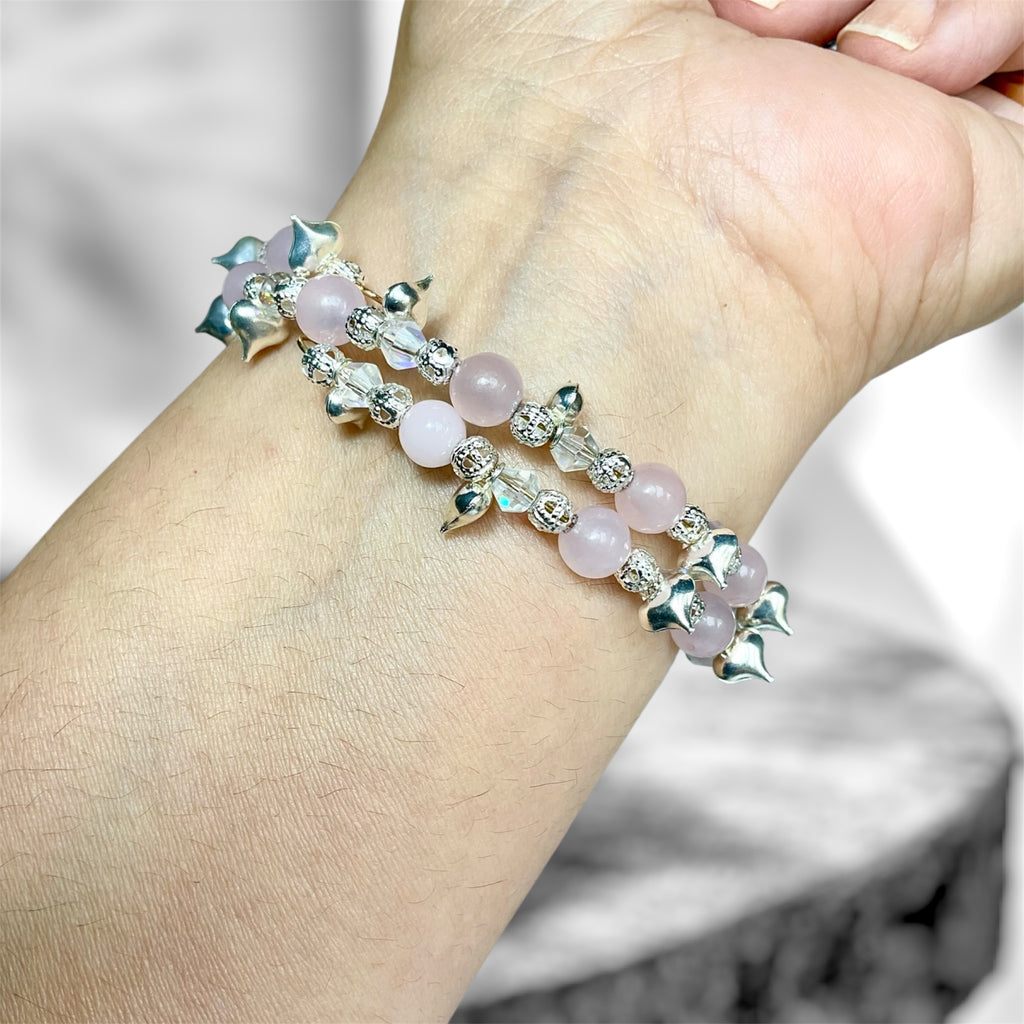 Rose Quartz “Chain Of Hearts” Memory Wire Bracelet - Connie’s Crystals 