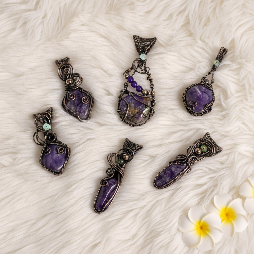 Charoite Pendants with Well and Black Ethiopian Opal & Amethyst Accents - Connie’s Crystals 